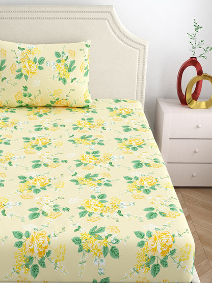 Home Ecstasy 100% Cotton Floral Bedsheet Set | 140 TC | Cream