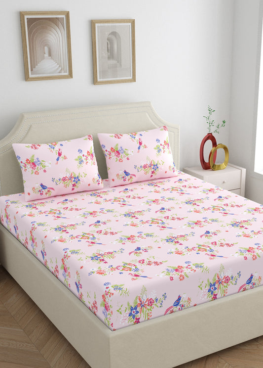 Home Ecstasy 100% Cotton Floral Bedsheet Set | 140 TC | Pink