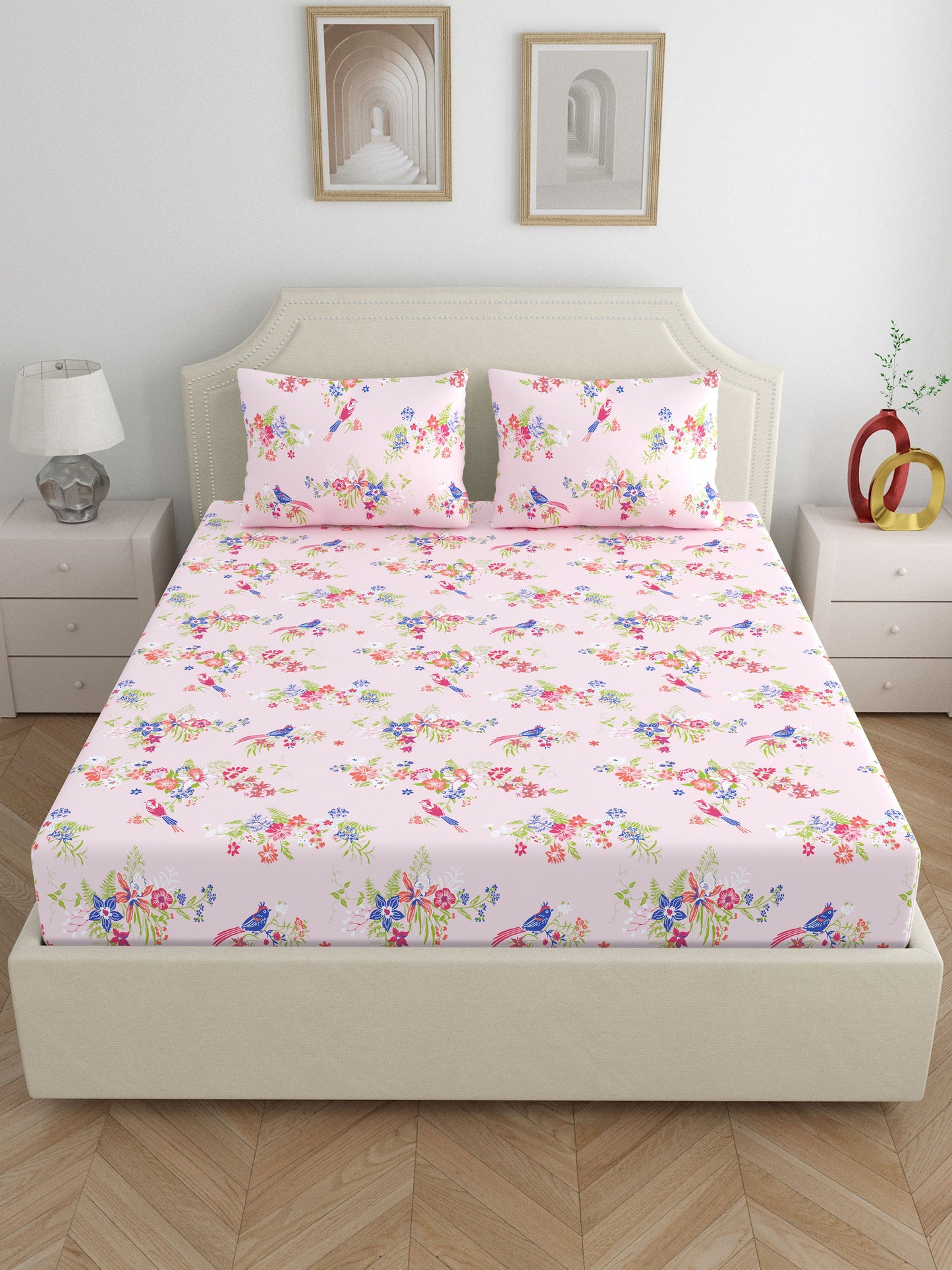 Home Ecstasy 100% Cotton Floral Bedsheet Set | 140 TC | Pink