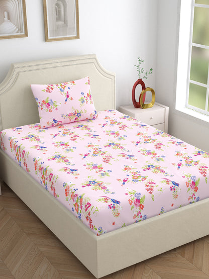 Home Ecstasy 100% Cotton Floral Bedsheet Set | 140 TC | Pink