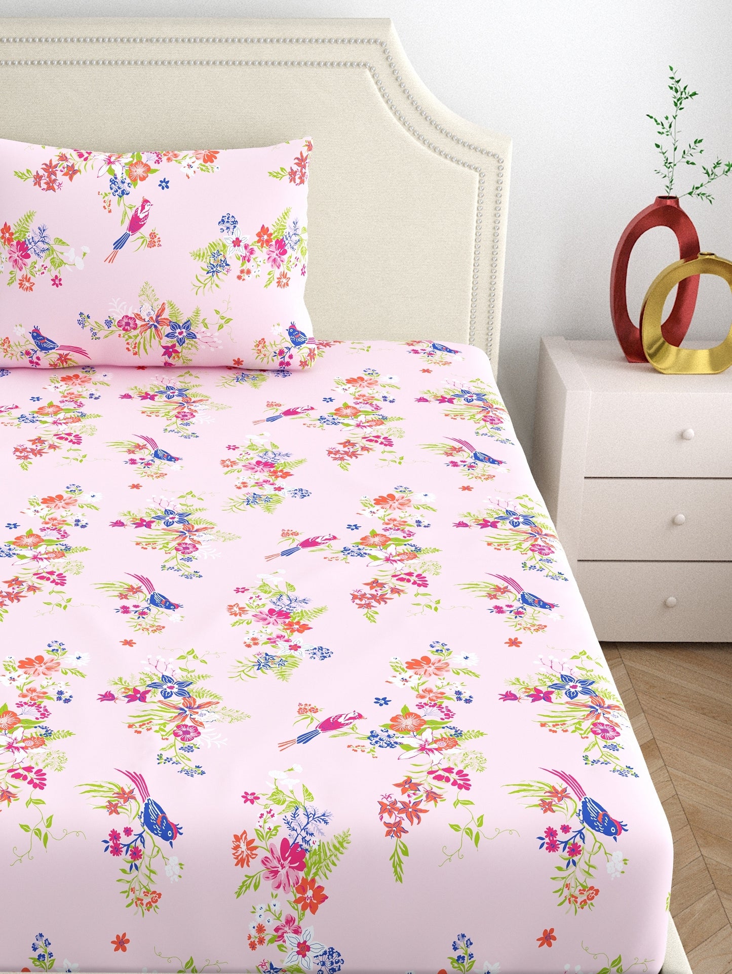 Home Ecstasy 100% Cotton Floral Bedsheet Set | 140 TC | Pink