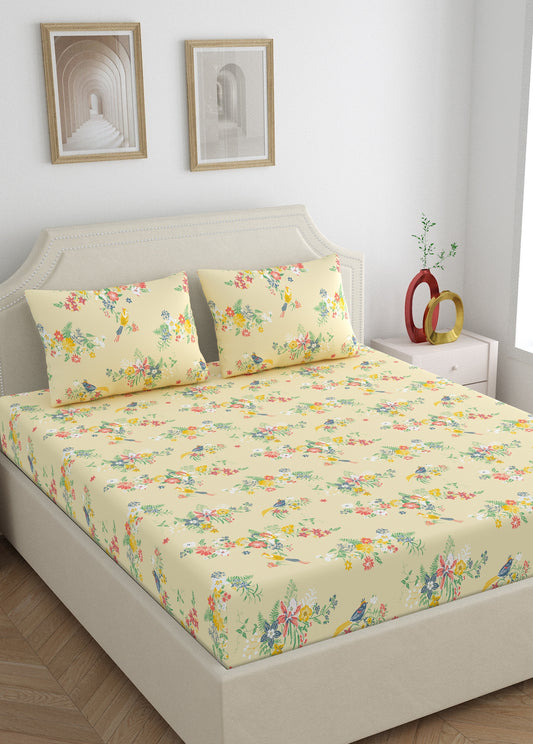 Home Ecstasy 100% Cotton Floral Bedsheet Set | 140 TC | Beige
