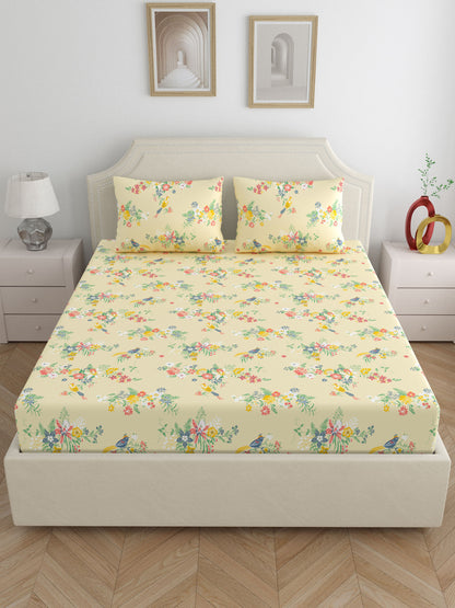 Home Ecstasy 100% Cotton Floral Bedsheet Set | 140 TC | Beige