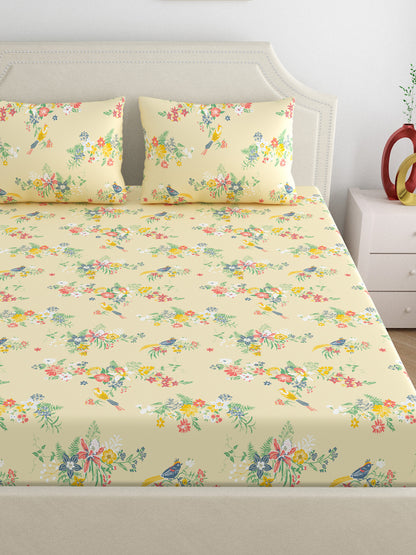 Home Ecstasy 100% Cotton Floral Bedsheet Set | 140 TC | Beige