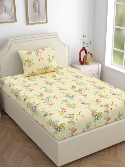 Home Ecstasy 100% Cotton Floral Bedsheet Set | 140 TC | Beige
