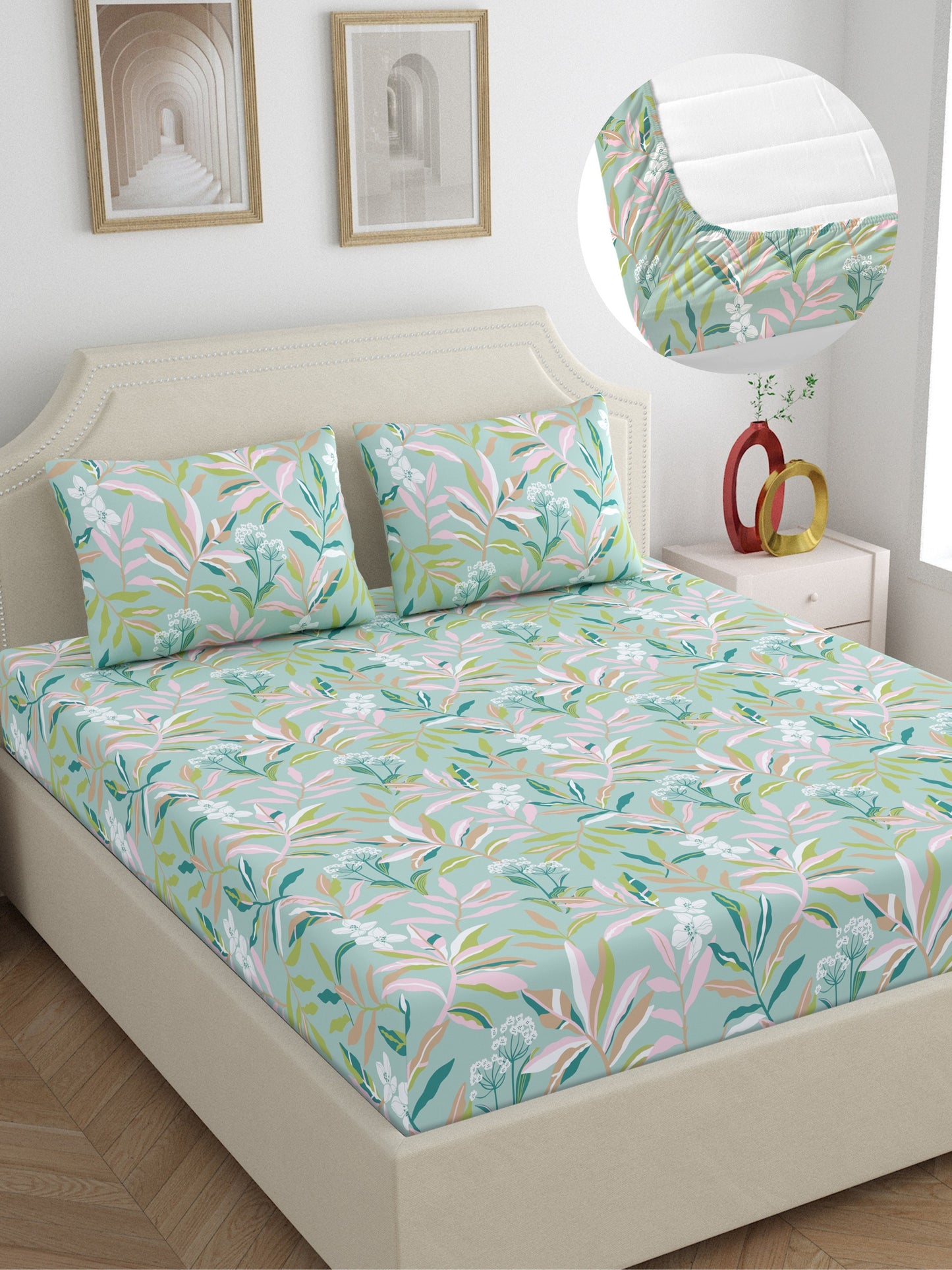 Home Ecstasy 100% Cotton Floral Bedsheet Set | 140 TC | Olive