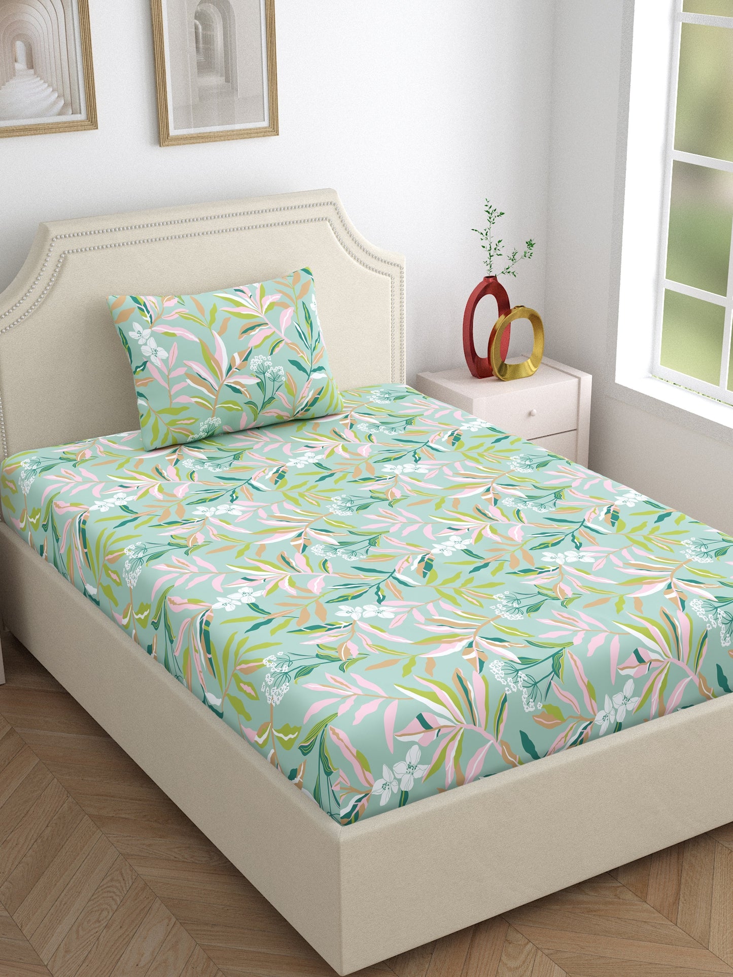 Home Ecstasy 100% Cotton Floral Bedsheet Set | 140 TC | Olive
