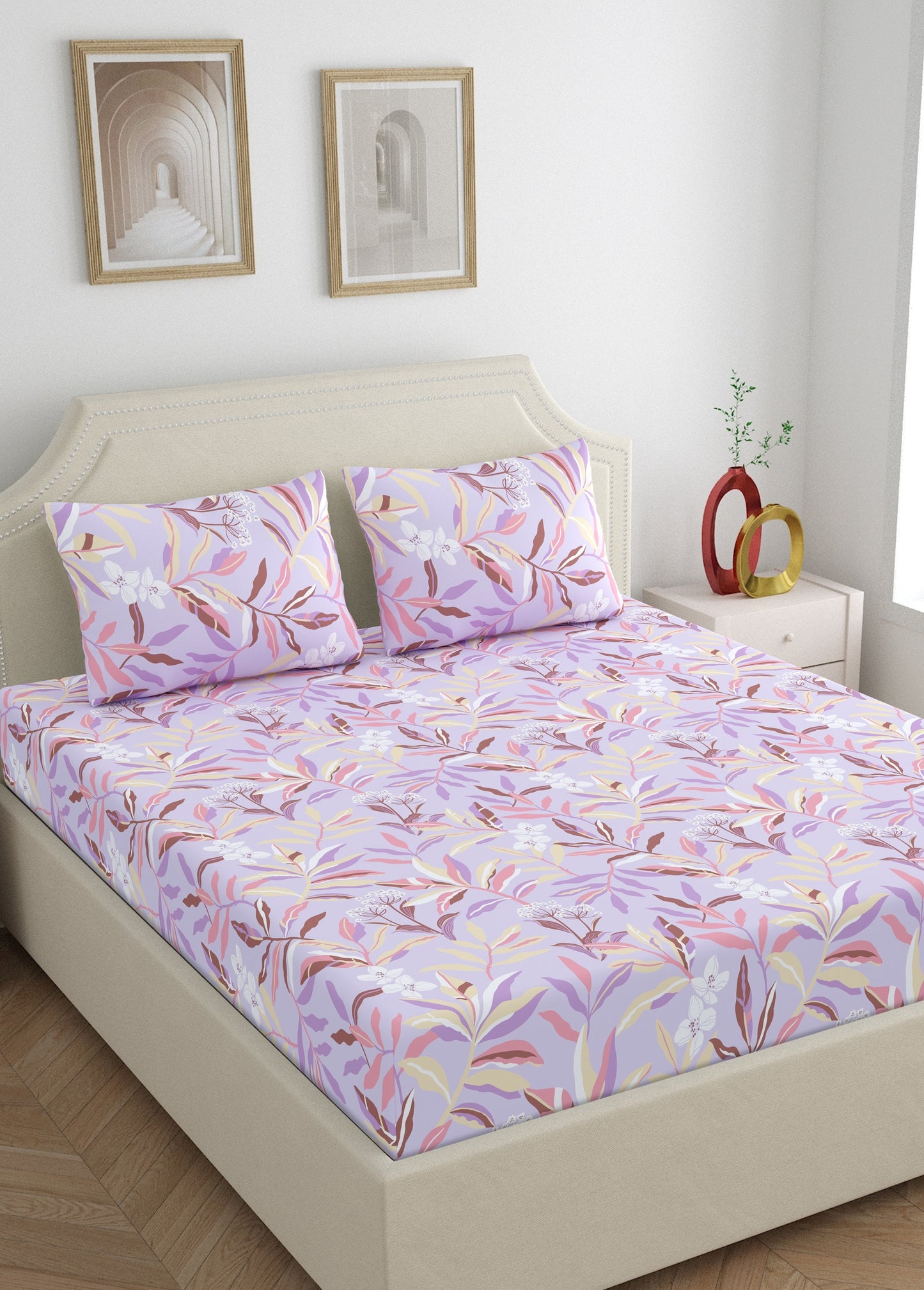 Home Ecstasy 100% Cotton Floral Bedsheet Set | 140 TC | Purple