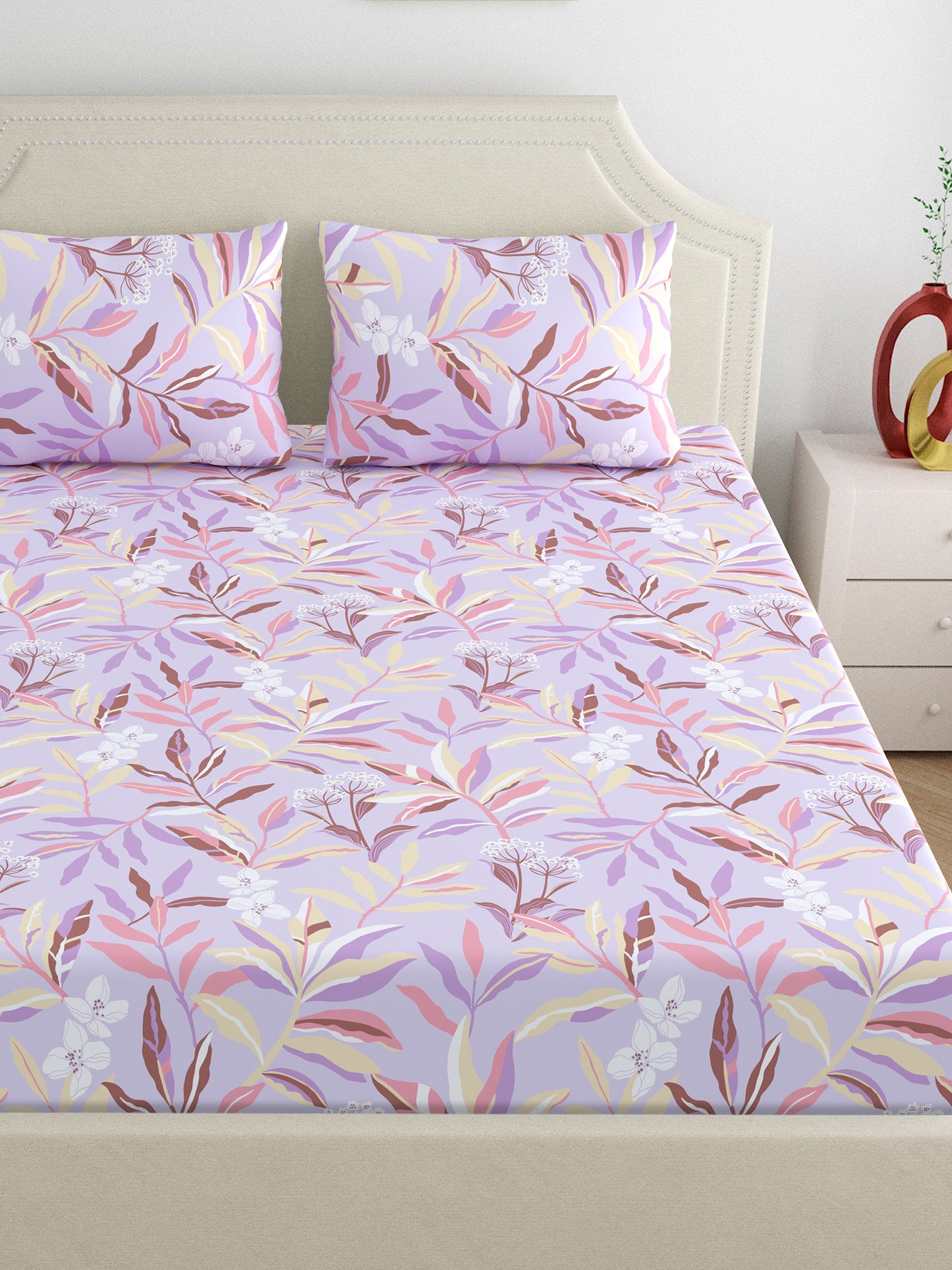 Home Ecstasy 100% Cotton Floral Bedsheet Set | 140 TC | Purple