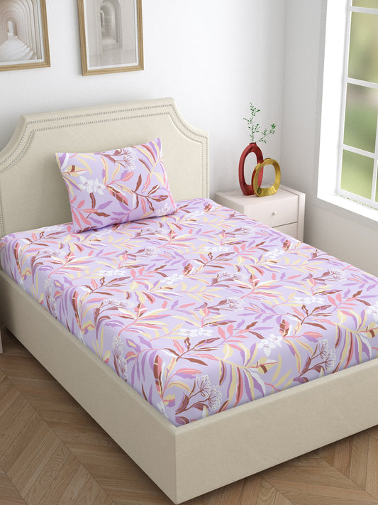 Home Ecstasy 100% Cotton Botanical Leaf Print Bedsheet Set | Bed Sheet with Pillow Cover | 140 TC | Purple
