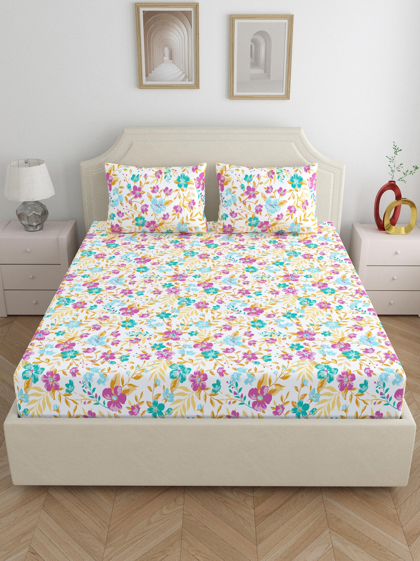 Home Ecstasy 100% Cotton Floral Bedsheet Set | 140 TC | Purple