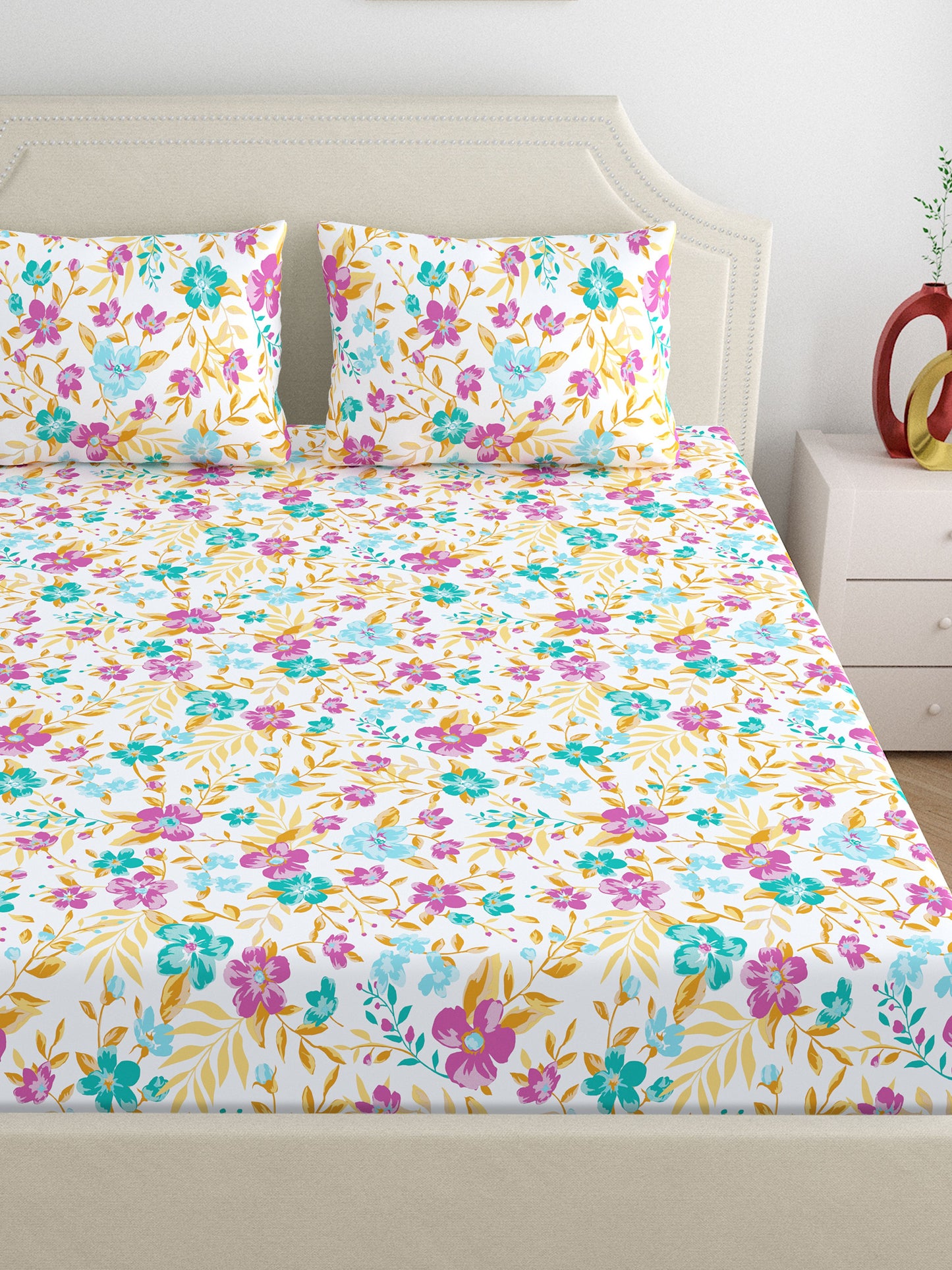 Home Ecstasy 100% Cotton Floral Bedsheet Set | 140 TC | Purple
