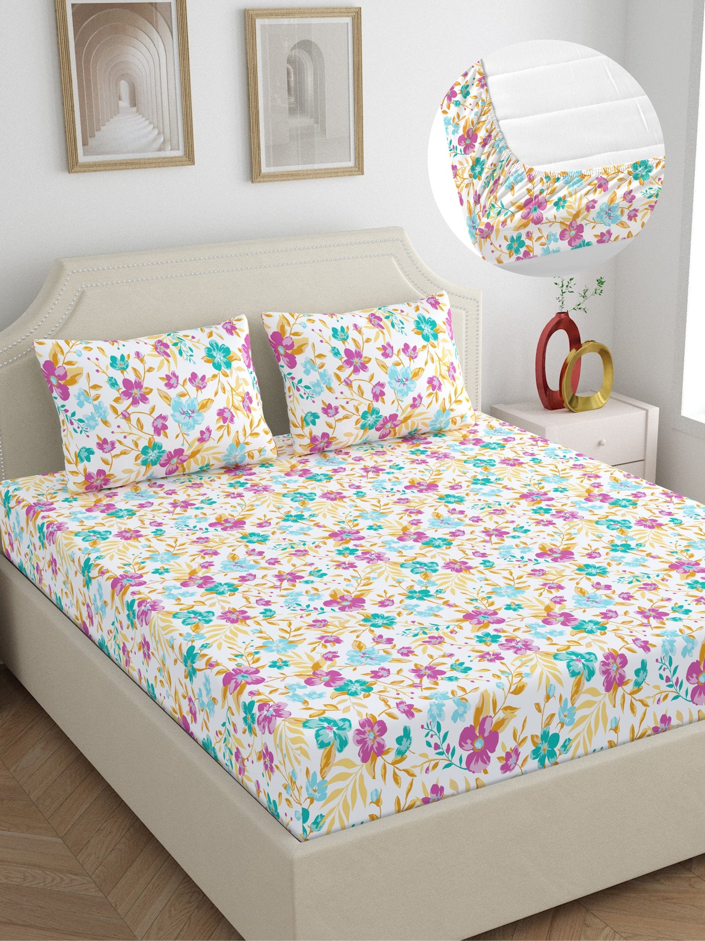 Home Ecstasy 100% Cotton Floral Bedsheet Set | 140 TC | Purple
