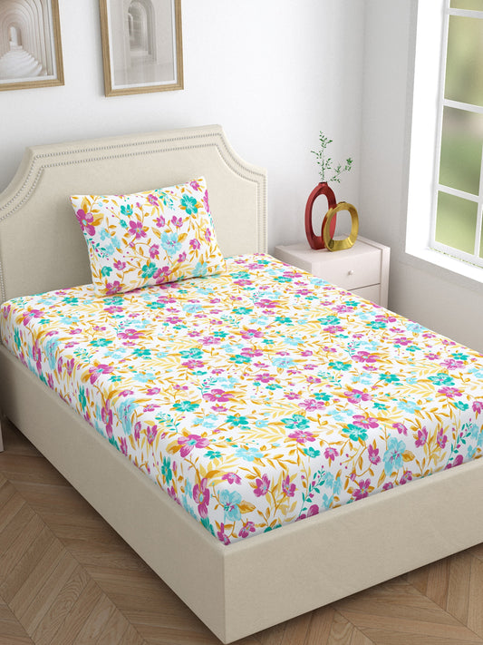 Home Ecstasy 100% Cotton Floral Bedsheet Set |Bed Sheet with Pillow Cover | 140 TC | Pink & Purple