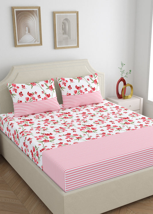 Home Ecstasy 100% Cotton Floral Bedsheet Set | 140 TC | Pink