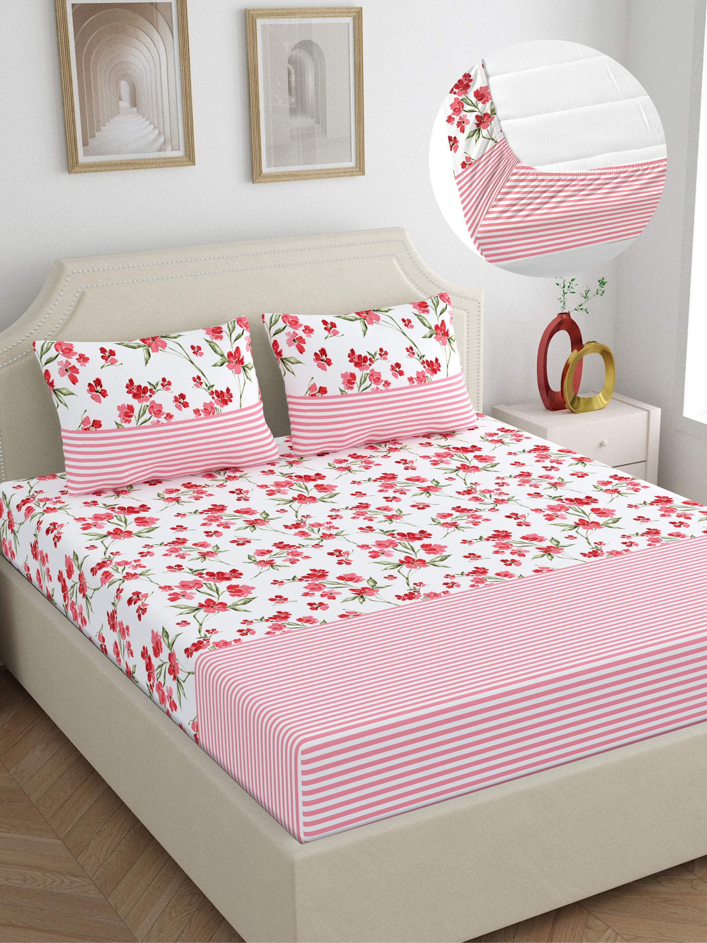 Home Ecstasy 100% Cotton Floral Bedsheet Set | 140 TC | Pink