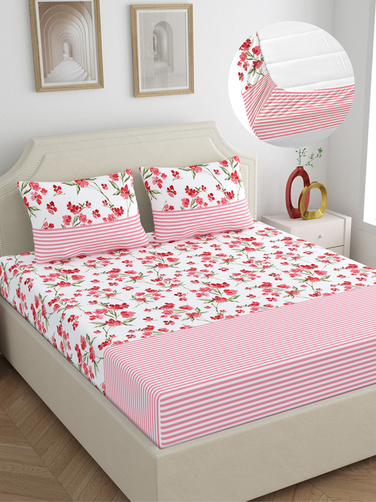 Home Ecstasy 100% Cotton 140 TC Floral Bedsheet Set - Colour: Pink