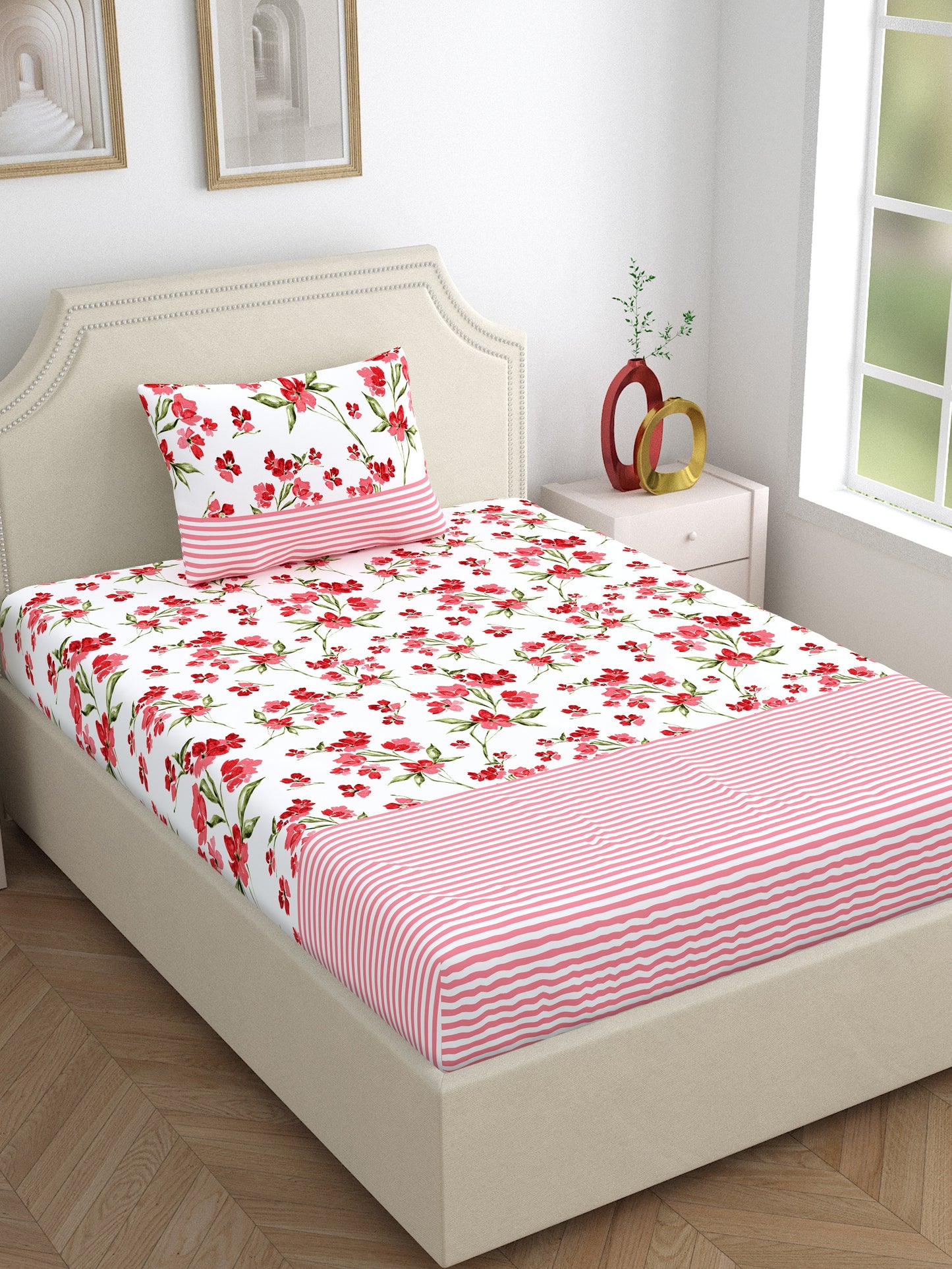 Home Ecstasy 100% Cotton Floral Bedsheet Set | 140 TC | Pink