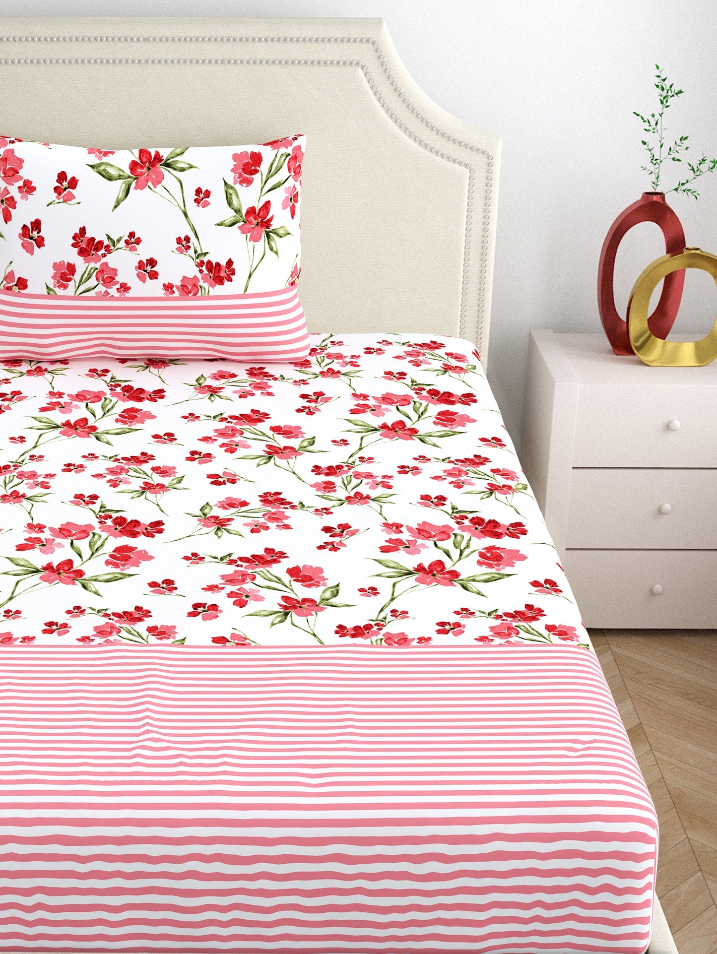 Home Ecstasy 100% Cotton Floral Bedsheet Set | 140 TC | Pink