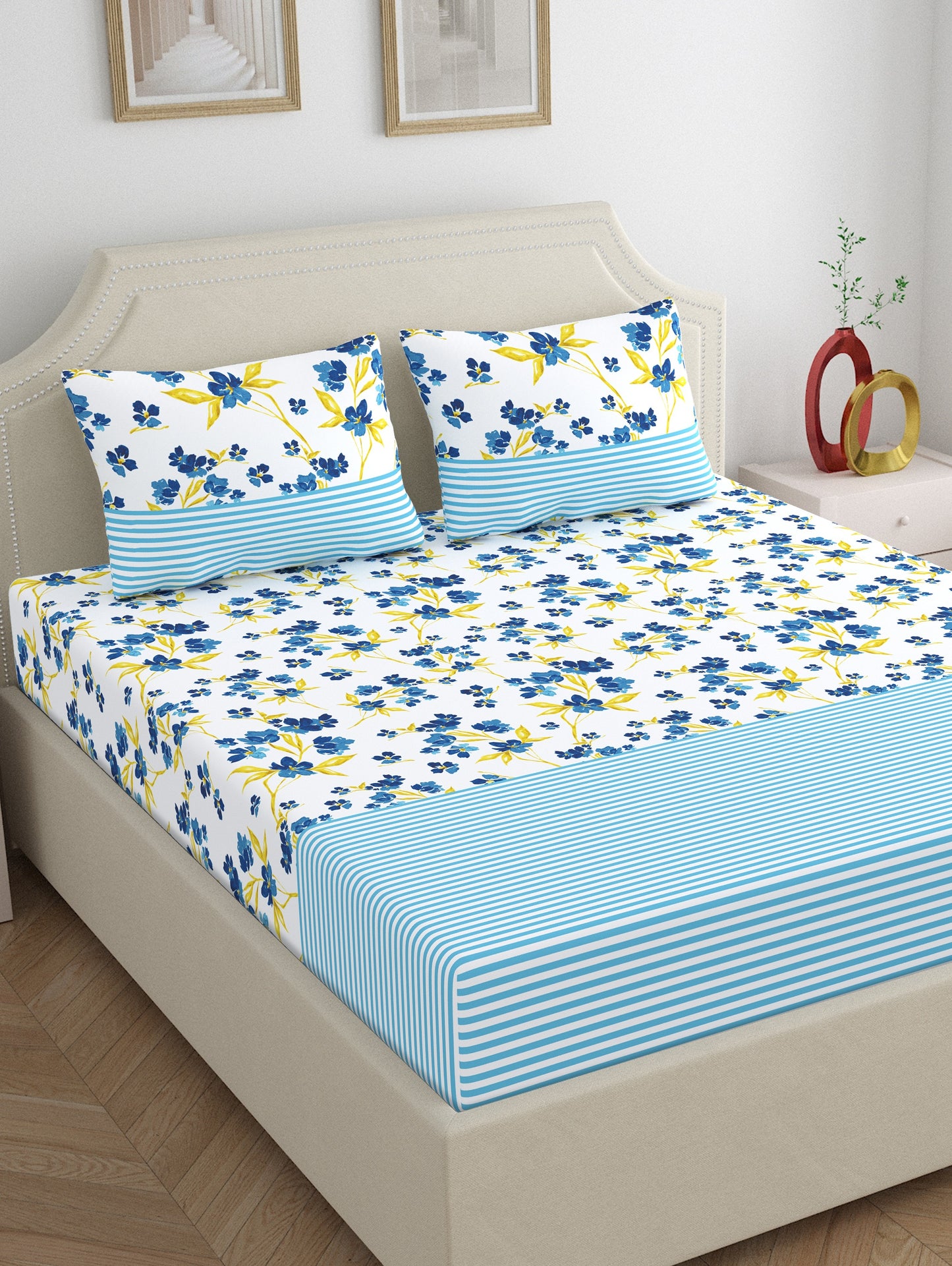 Home Ecstasy 100% Cotton 140 TC Floral Bedsheet Set - Colour: Blue
