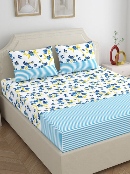 Home Ecstasy 100% Cotton 140 TC Floral Bedsheet Set - Colour: Blue