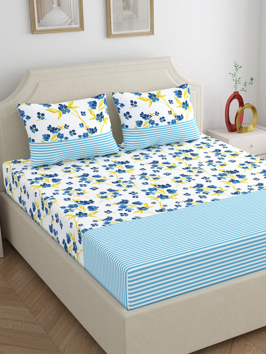 Home Ecstasy 100% Cotton 140 TC Floral Bedsheet Set - Colour: Blue