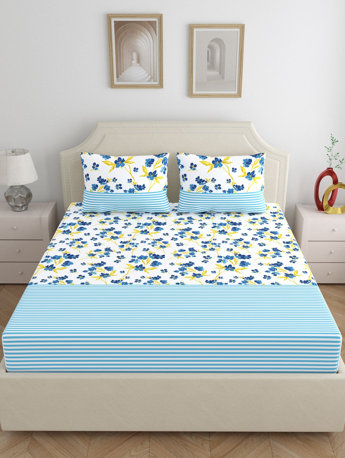 Home Ecstasy 100% Cotton 140 TC Floral Bedsheet Set - Colour: Blue