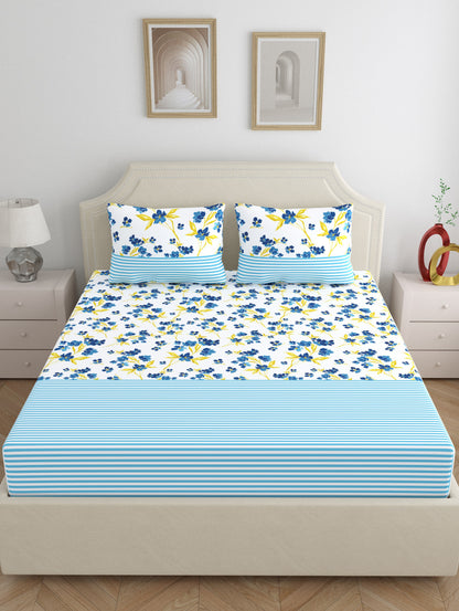Home Ecstasy 100% Cotton 140 TC Floral Bedsheet Set - Colour: Blue