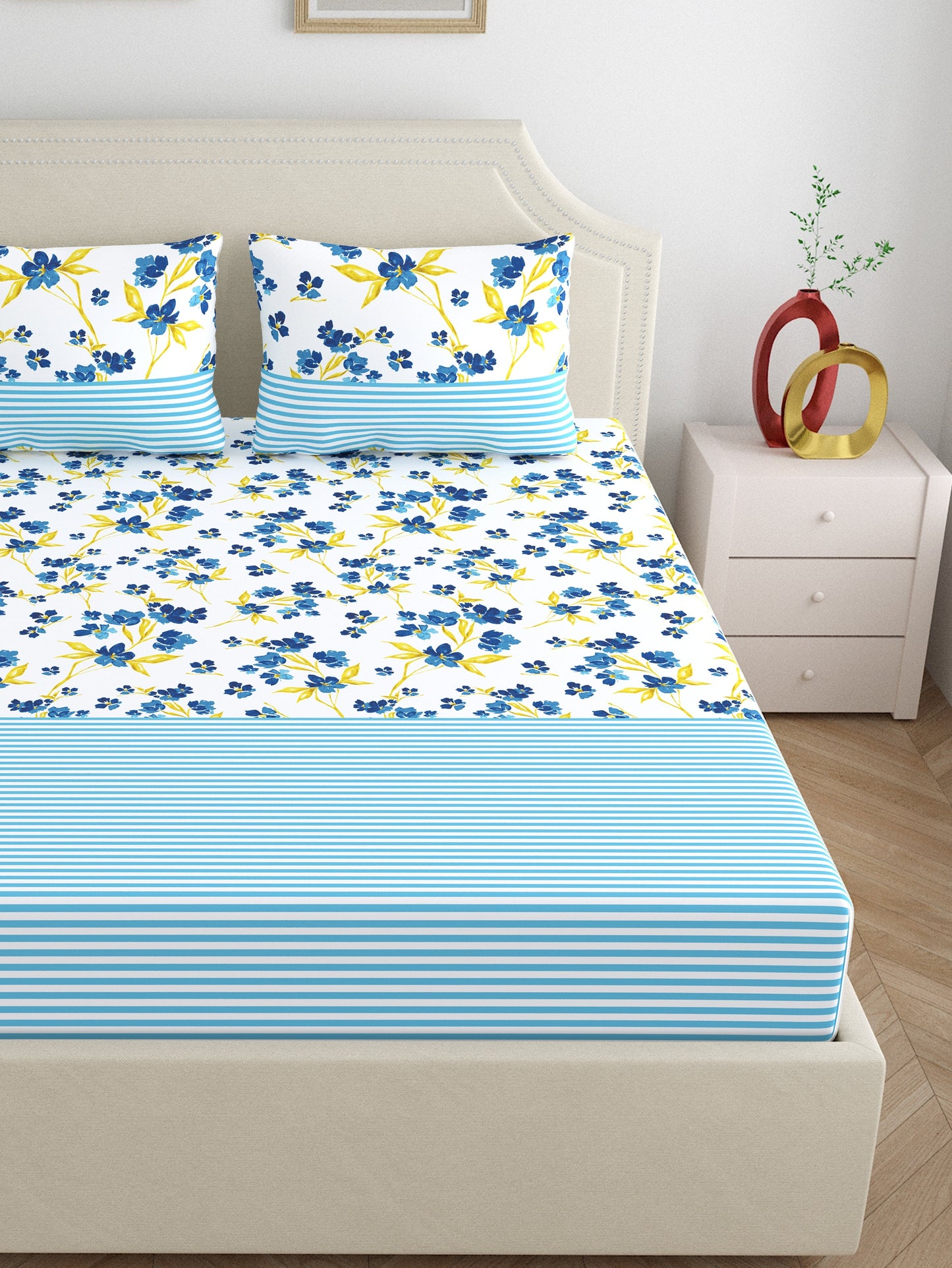 Home Ecstasy 100% Cotton 140 TC Floral Bedsheet Set - Colour: Blue