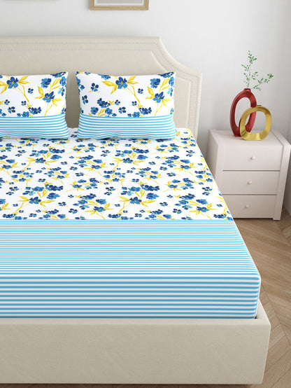 Home Ecstasy 100% Cotton 140 TC Floral Bedsheet Set - Colour: Blue
