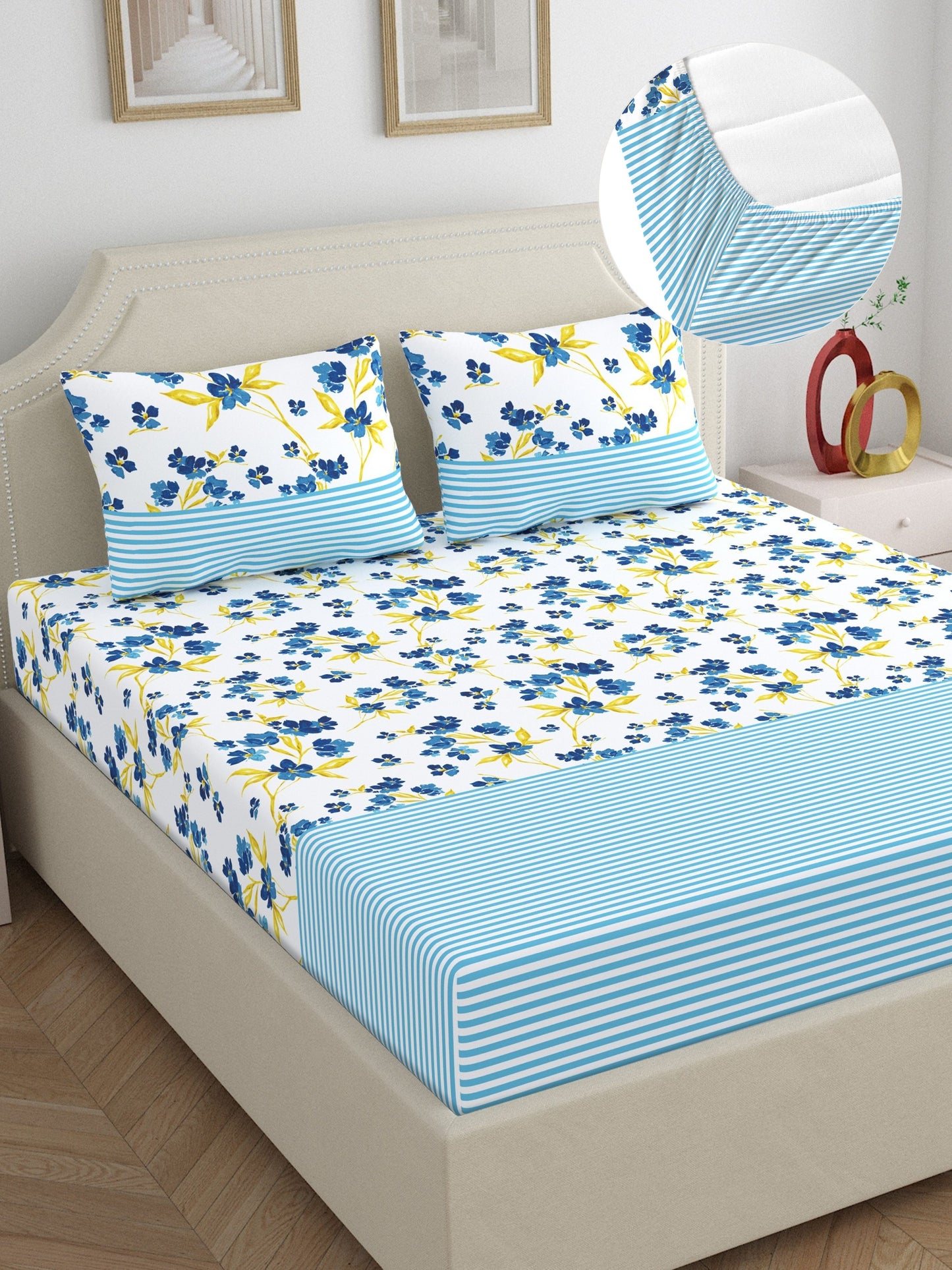 Home Ecstasy 100% Cotton 140 TC Floral Bedsheet Set - Colour: Blue