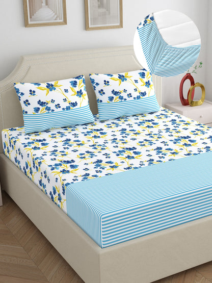 Home Ecstasy 100% Cotton 140 TC Floral Bedsheet Set - Colour: Blue