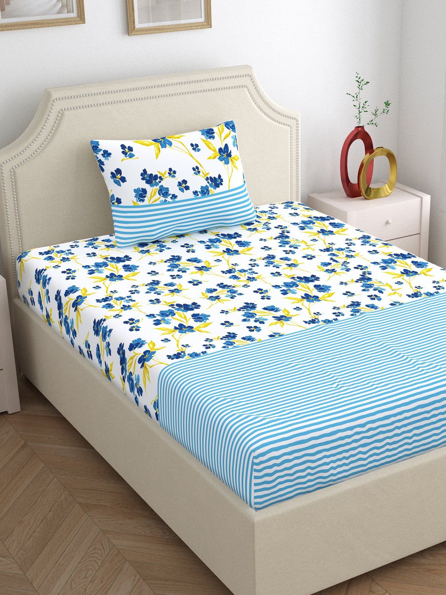 Home Ecstasy 100% Cotton 140 TC Floral Bedsheet Set - Colour: Blue