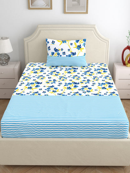 Home Ecstasy 100% Cotton 140 TC Floral Bedsheet Set - Colour: Blue