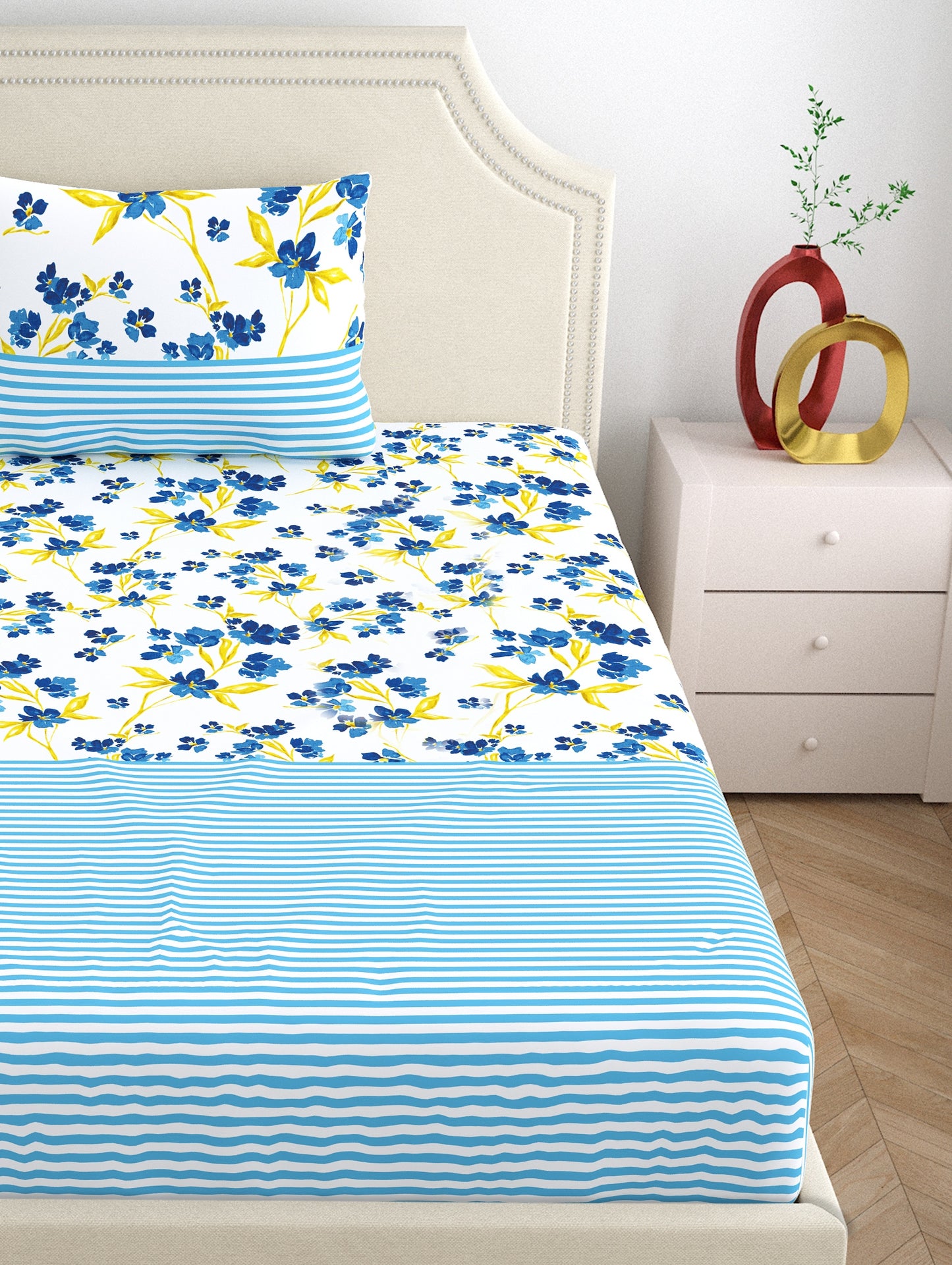 Home Ecstasy 100% Cotton 140 TC Floral Bedsheet Set - Colour: Blue