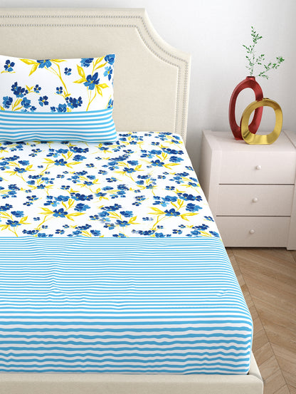 Home Ecstasy 100% Cotton 140 TC Floral Bedsheet Set - Colour: Blue