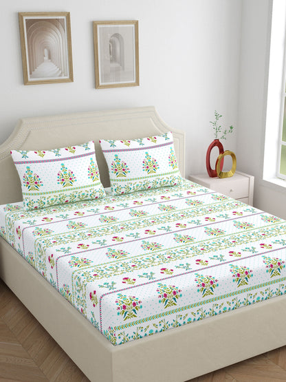 Home Ecstasy 100% Cotton 140 TC Floral Bedsheet Set - Colour: Green