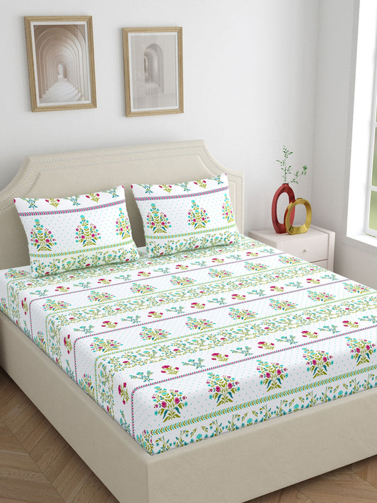 Home Ecstasy 100% Cotton 140 TC Floral Bedsheet Set - Colour: Green