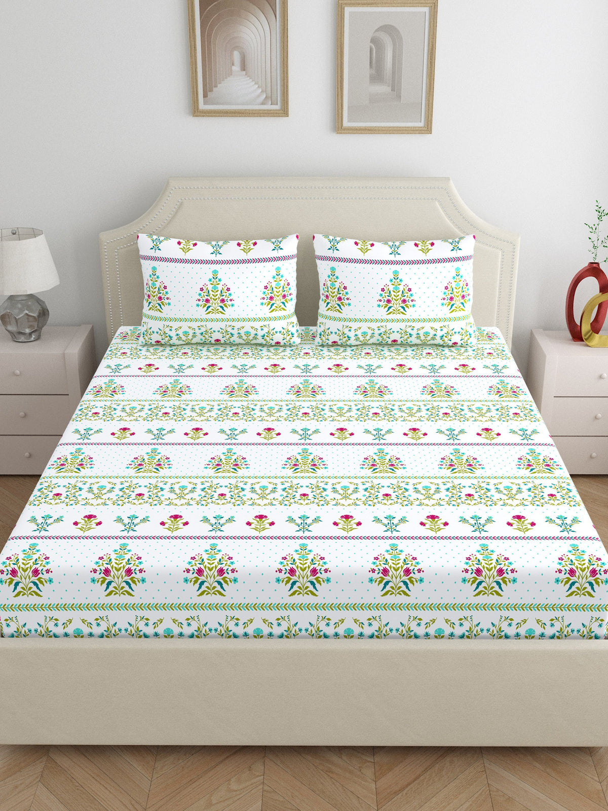 Home Ecstasy 100% Cotton 140 TC Floral Bedsheet Set - Colour: Green