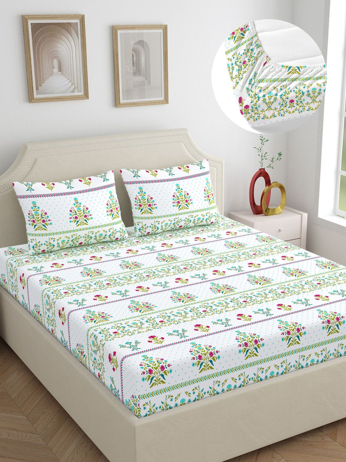 Home Ecstasy 100% Cotton 140 TC Floral Bedsheet Set - Colour: Green