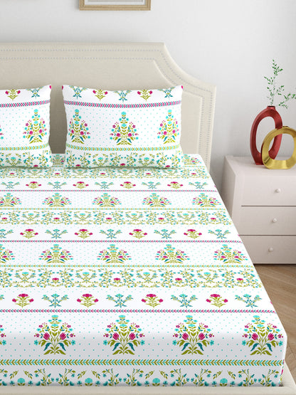 Home Ecstasy 100% Cotton 140 TC Floral Bedsheet Set - Colour: Green