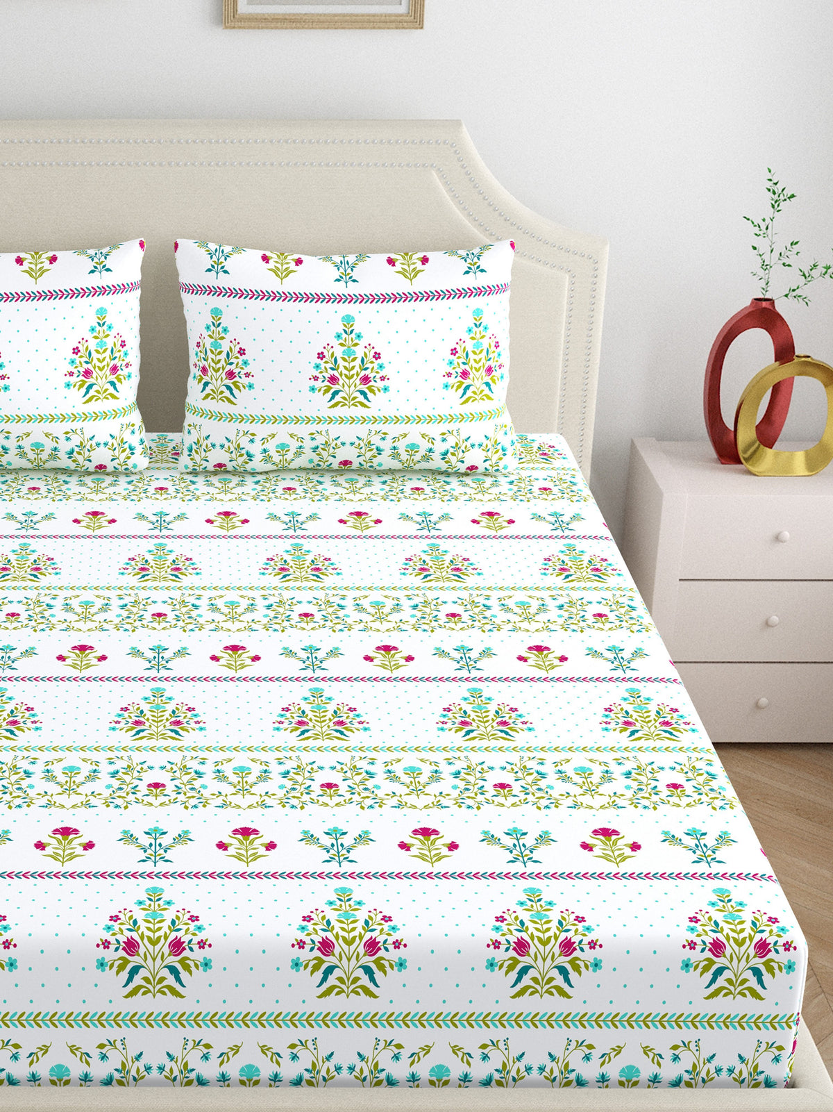 Home Ecstasy 100% Cotton 140 TC Floral Bedsheet Set - Colour: Green