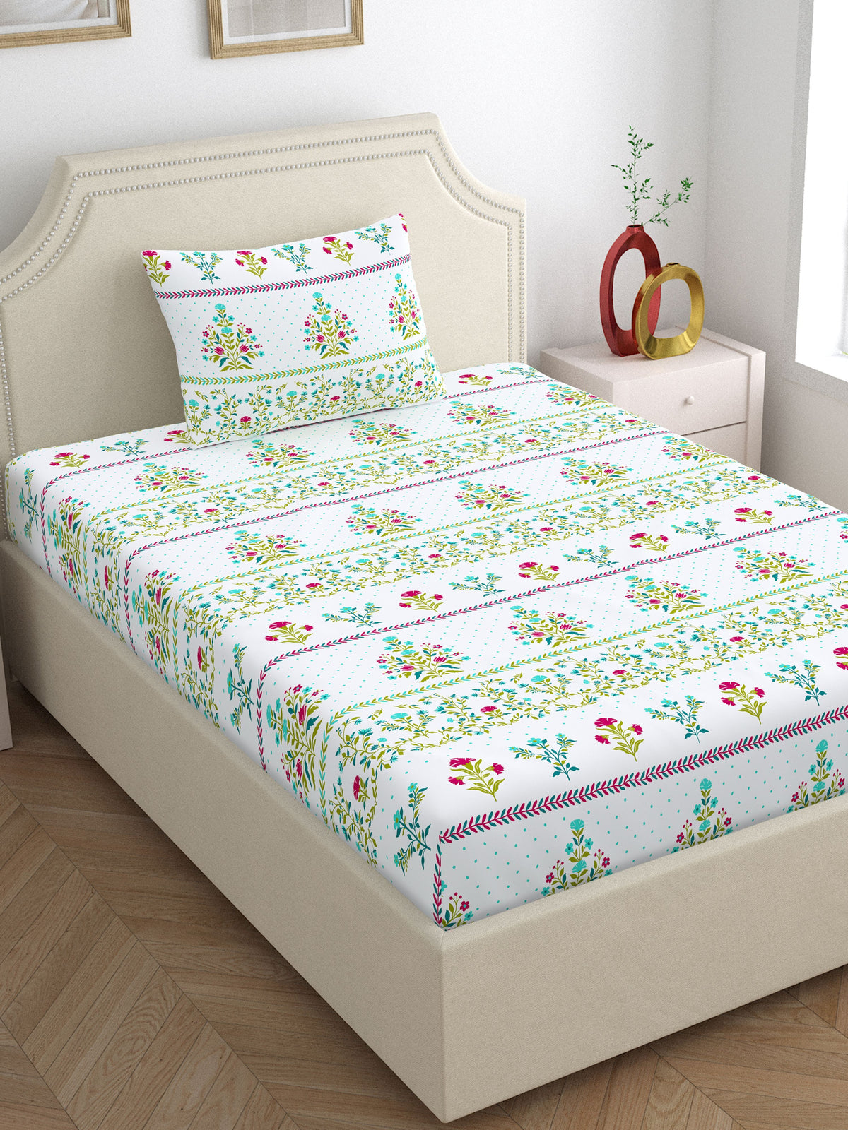 Home Ecstasy 100% Cotton 140 TC Floral Bedsheet Set - Colour: Green
