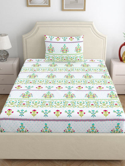 Home Ecstasy 100% Cotton 140 TC Floral Bedsheet Set - Colour: Green