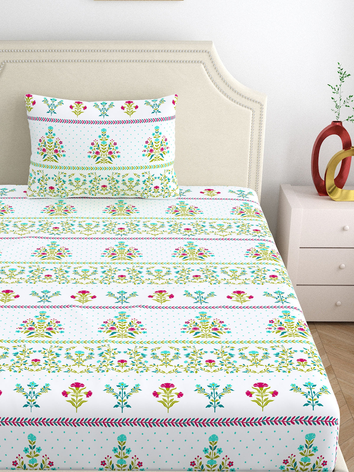 Home Ecstasy 100% Cotton 140 TC Floral Bedsheet Set - Colour: Green