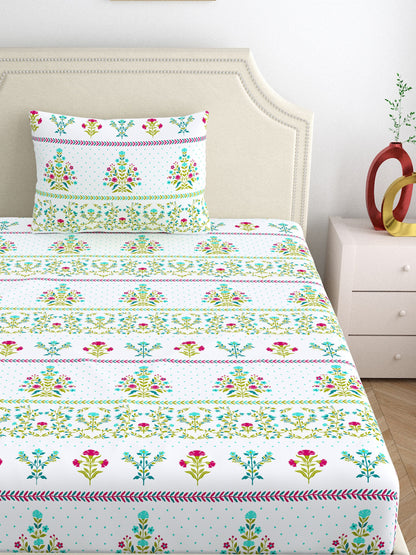 Home Ecstasy 100% Cotton 140 TC Floral Bedsheet Set - Colour: Green