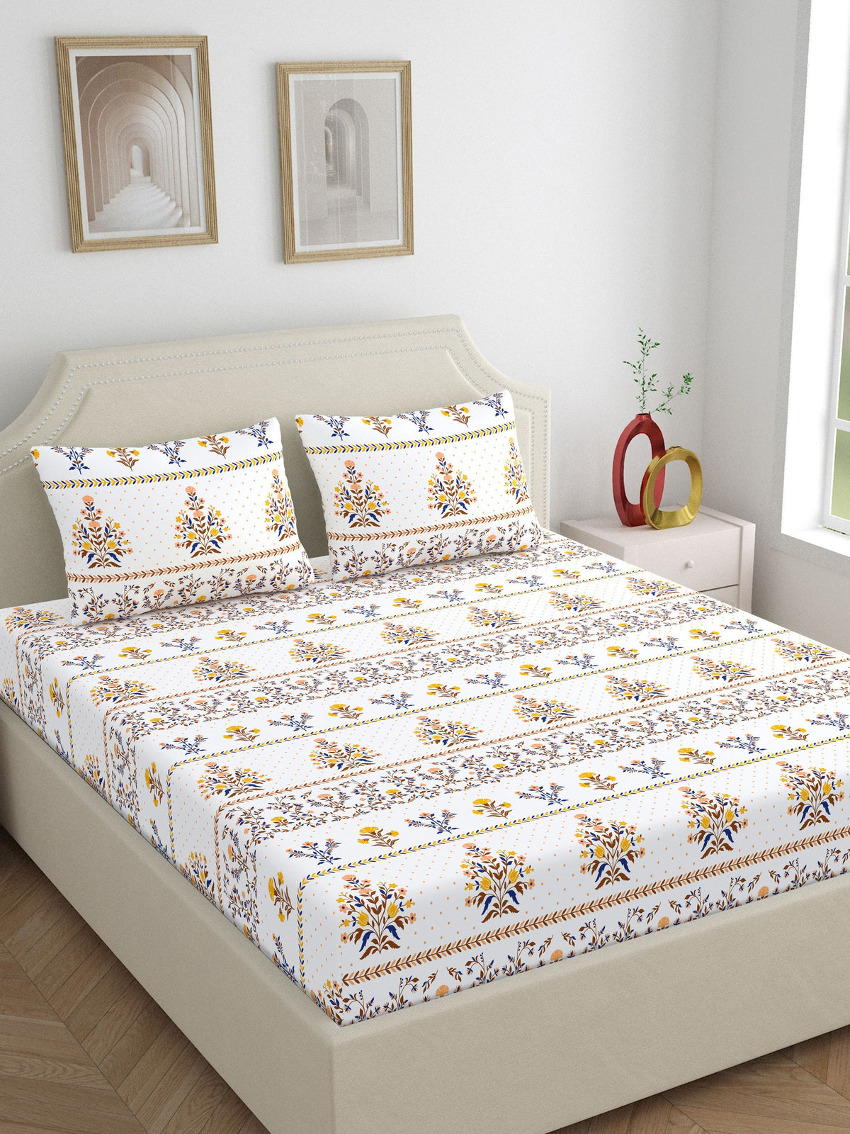 Home Ecstasy 100% Cotton 140 TC Floral Bedsheet Set - Colour: Brown