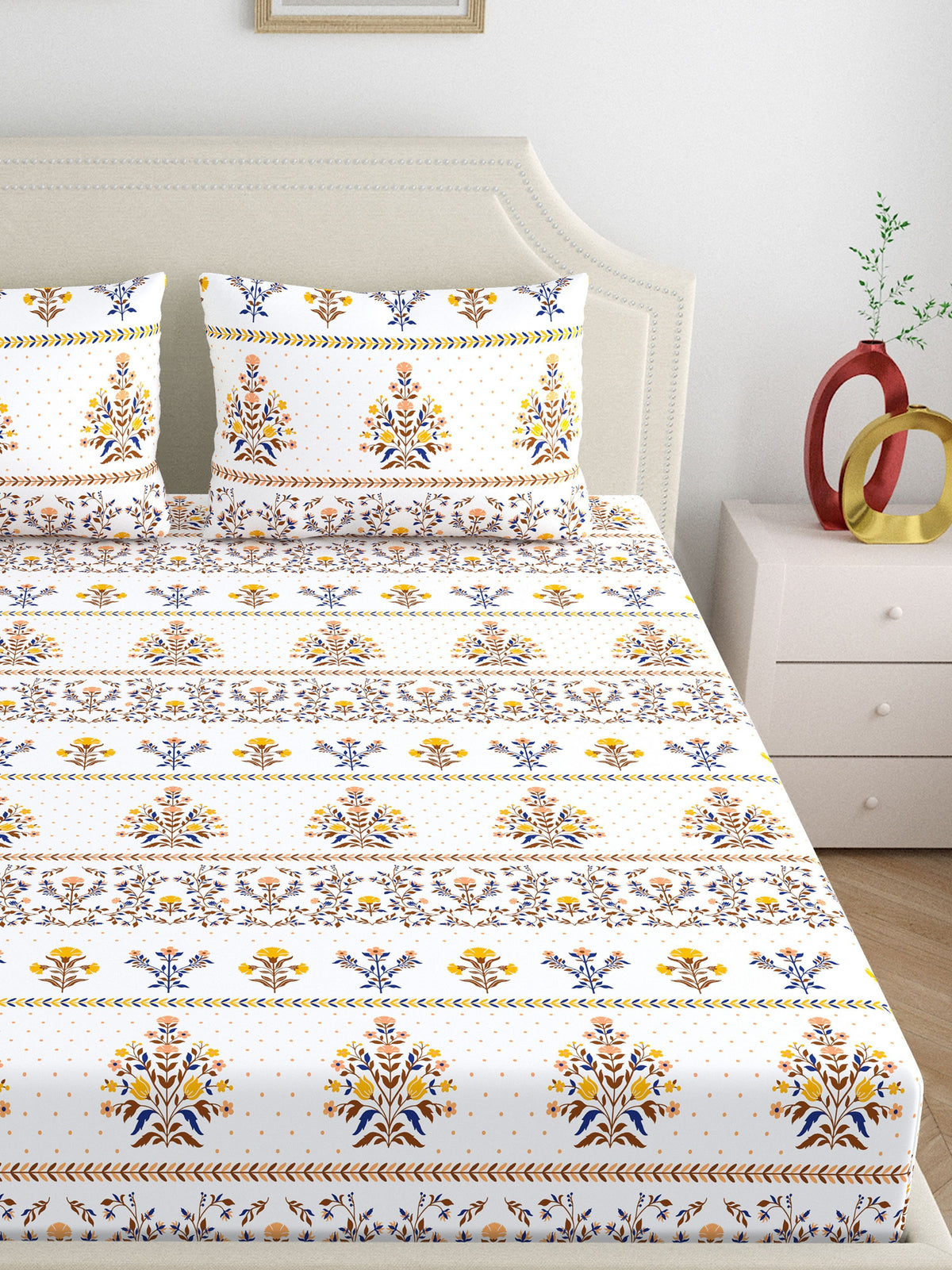 Home Ecstasy 100% Cotton 140 TC Floral Bedsheet Set - Colour: Brown