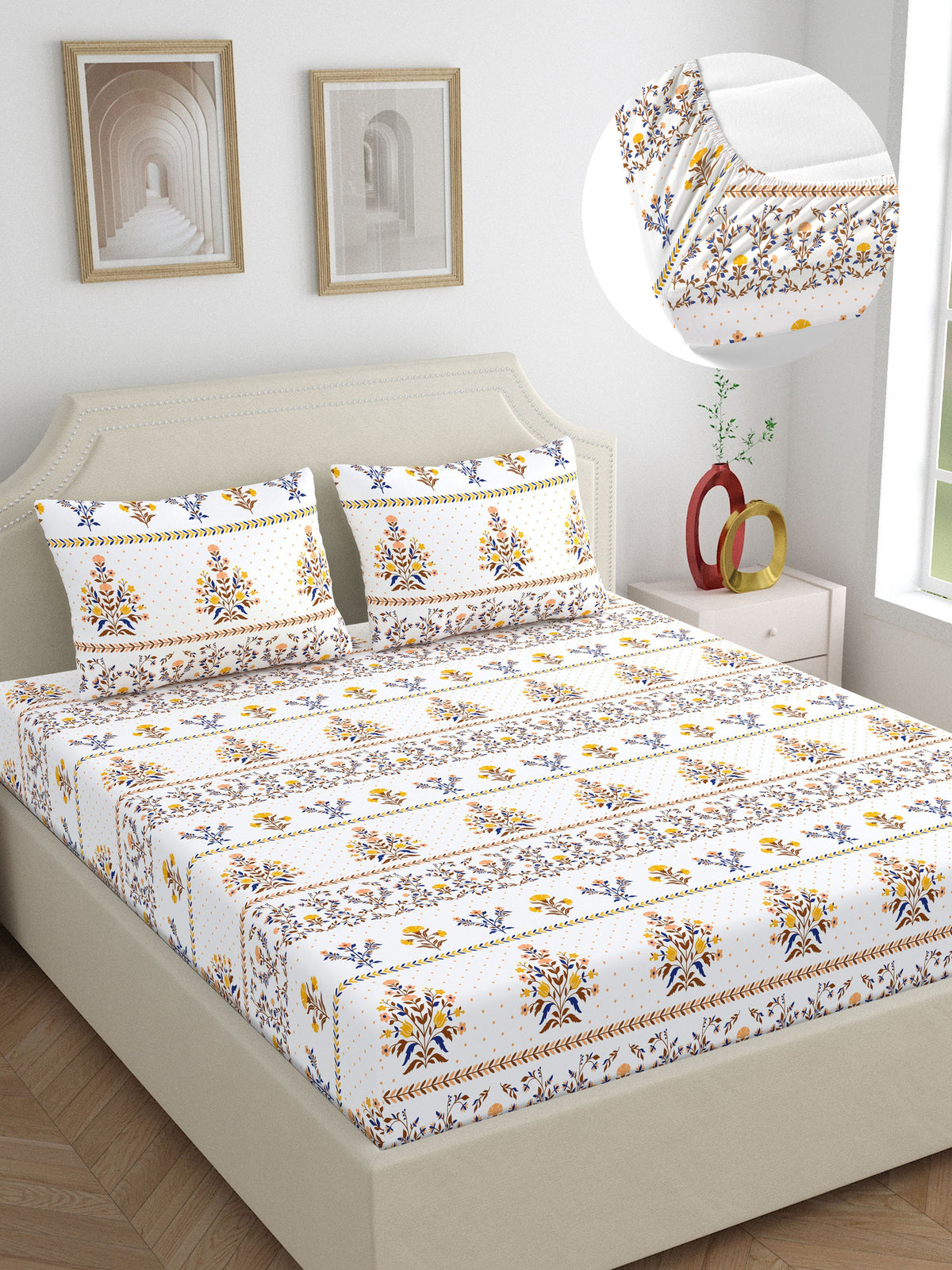 Home Ecstasy 100% Cotton 140 TC Floral Bedsheet Set - Colour: Brown