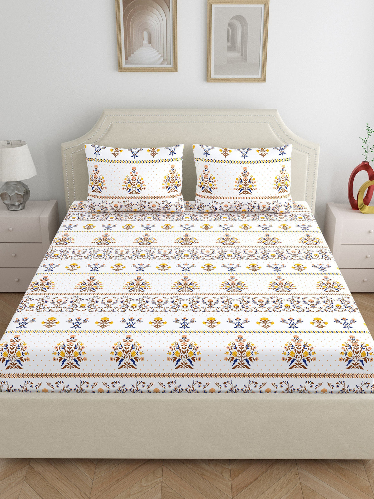 Home Ecstasy 100% Cotton 140 TC Floral Bedsheet Set - Colour: Brown
